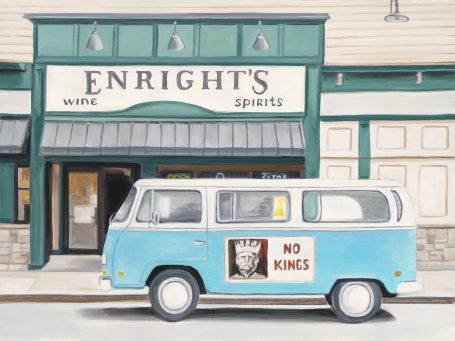 A vintage blue van parked in front of Enright's shop with a sign reading "No Kings."