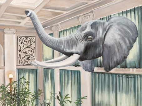 A large elephant head emerging from behind green curtains in a decorative room.