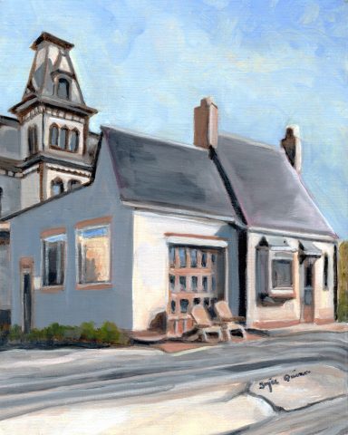 A stylized building with a distinctive tower and a garage, set against a clear sky.