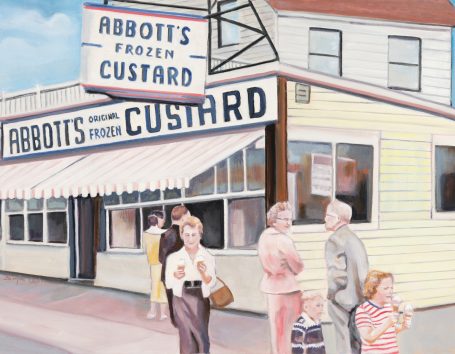 Exterior of Abbott's Frozen Custard shop, with people socializing in front.