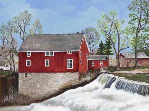 Red barn beside a rushing waterfall, surrounded by trees and a serene landscape.