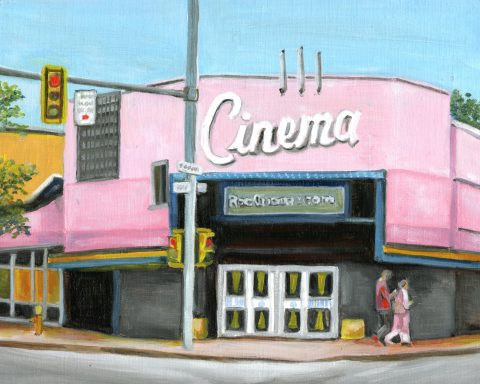 Pink cinema building with "Cinema" sign, featuring a street corner and a pedestrian.